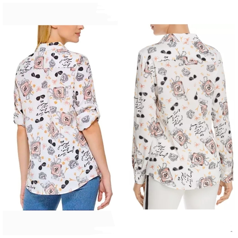 Karl Lagerfeld Paris Whimsical Signature-Printed Blouse Long Roll-Tab Sleeves L - Picture 12 of 12